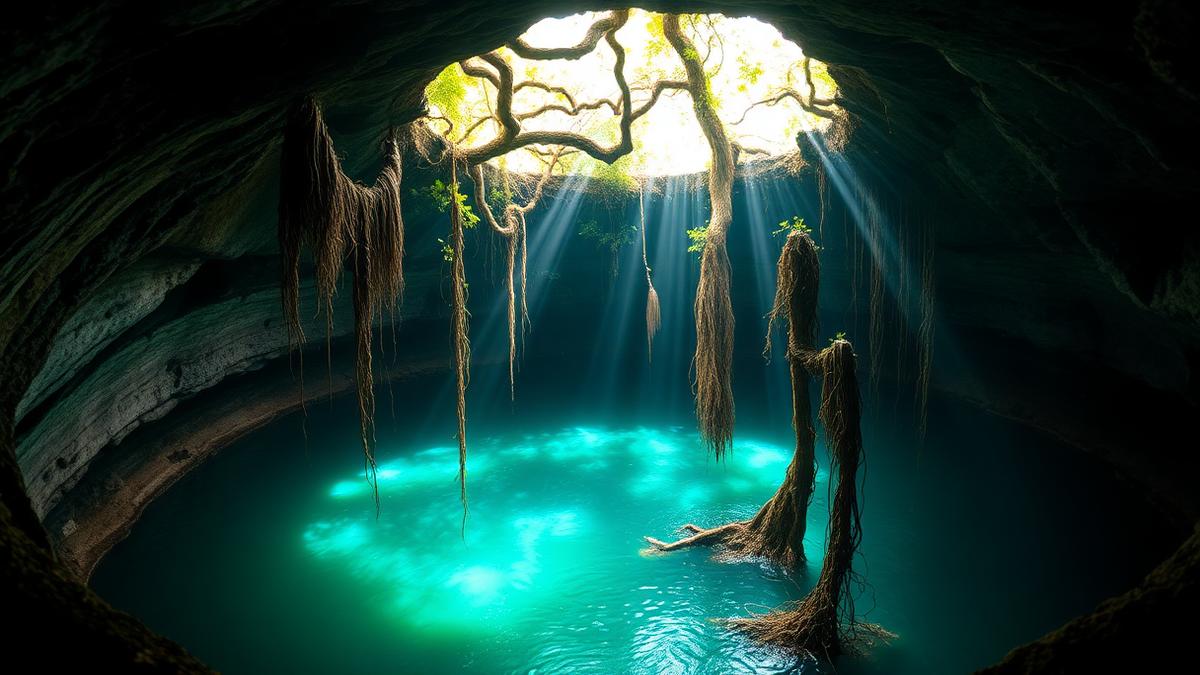 Cenote Ik Kil Yucatan sunlight through jungle roof into circular sinkhole turquoise water hanging vines